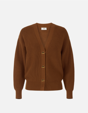 Cardigan Elisabetta Franchi marrone in maglia con scollo a V e fermagli dorati