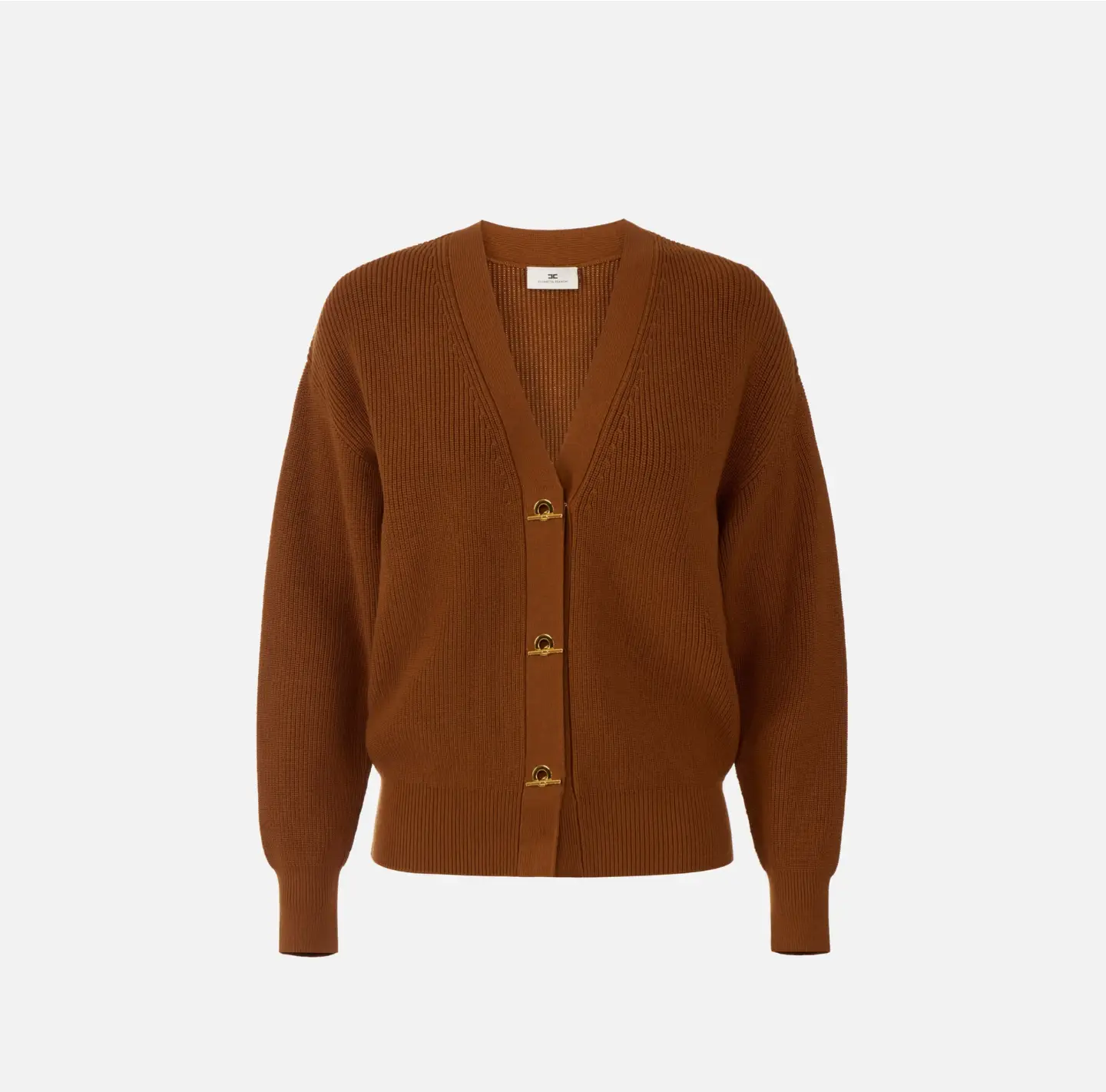 Cardigan Elisabetta Franchi marrone in maglia con scollo a V e fermagli dorati